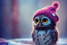 Little Owl Wearing A Beanie Hat In The Snow.