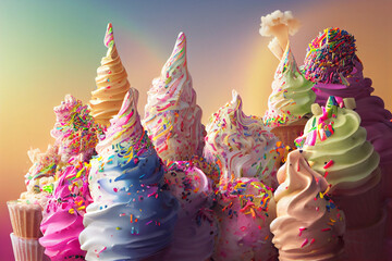 fantasy colorful sweet magical landscape of ice cream and candy on blurred background 3d render.