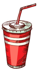 Sticker - Soda plastic cup. Takeaway cold drink color sketch