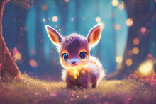 Adorable Baby Deer With A Bright Glow Against Light Bokeh Background. Christmas Background Concept