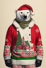 Intage Pencil Drawing Of A Polar Bear Wearing Ugly Christmas Sweater. Christmas Festive Mood. 3d Illustration 