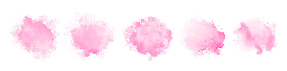 Abstract pink watercolor water splash set on a white background. Vector watercolour texture in rose color. Ink paint brush stain. Pink soft light blot. Watercolor pastel splash