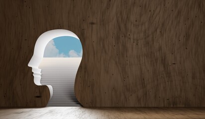 Wall Mural - mental health and mindfulness concept. steps leading through a head to a bright sky. 3D Rendering