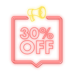 Canvas Print - 30 percent OFF Sale Discount neon banner with megaphone. Discount offer price tag. 30 percent discount promotion flat icon with long shadow. Vector illustration