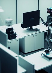 Poster - Robot working an office job at the computer