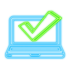Poster - Computer with checkmark. Neon icon. Approved choice. Accept or approve checkmark. Vector illustration