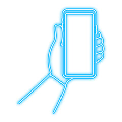 Poster - Smartphone on hand. Telephone icon. Neon icon. Touchscreen, Phone display. Cell phone. Vector illustration