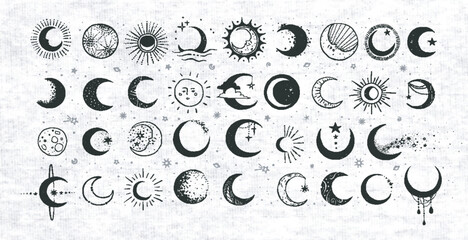 Doodles with the moon on old paper backrground. Crescent moon collection. Vector sketch illustration.