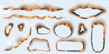 Burnt Paper Holes Isolated Set. Vector Realistic Fire Scorched And Torn Edges Of Paper Sheets With Burned Damages On Sides And Abstract Unburned Holes