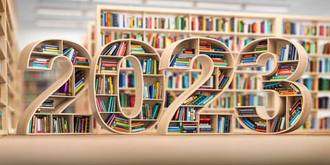 Poster - 2023 new year education concept. Bookshelves with books in the form of text 2023 in library.