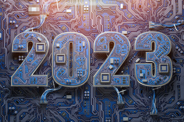 Poster - 2023 on circuit board or motherboard with cpu. Computer technology and internet commucations digital concept background. Happy new 2023 year.