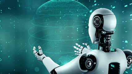 Futuristic robot artificial intelligence huminoid AI data analytic technology development and machine learning concept. Global robotic bionic science research for future of human life. 3D rendering.