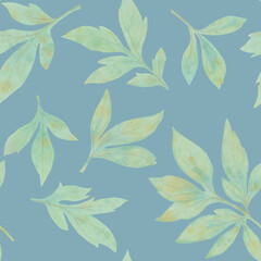  Bright background in a watercolor style for design. Abstract botanical pattern from peony leaves.