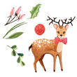 © Nadi - Watercolor, Christmas star, poinsettia, needles, cute cartoon deer, red berries, snowflakes, cones, glass toys, Christmas mood