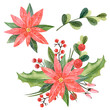 © Nadi - Watercolor, Christmas star, poinsettia, needles, cute cartoon deer, red berries, snowflakes, cones, glass toys, Christmas mood