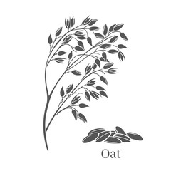 Wall Mural - Oat cereal crop glyph icon vector illustration. Cut black silhouette botanic branch with sprig, flakes and seeds for cooking breakfast milk oatmeal, granola and muesli, agriculture plant and Oat text
