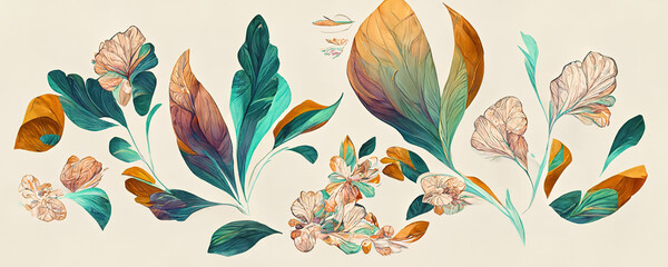 Wall Mural - Spectacular pastel template of flower designs with leaves and petals. Natural blossom artwork features with multicolor and shapes. Digital art 3D illustration.