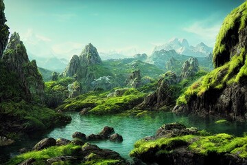 Poster - Entrance to a mountain cave with a landscape view of high rocky peaks under a blue sky on a sunny day and lush green grass 3d illustration