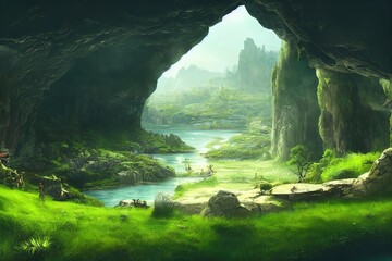 Poster - View from a cave in mountains with nature landscape from rocks, green valley and blue sky over green grass 3d illustration