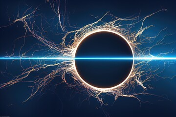 Fototapete - Electric lightning rods, circular digital glowing borders front and angle view, bright neon circle on dark background 3d illustration