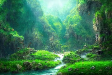 Poster - Entrance to a cave in the mountains with a landscape view of green grass, river, rocks and blue sky on a bright summer day 3d illustration
