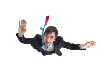 Scared businessman is falling down isolated on transparent background.