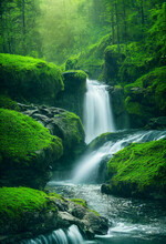 Waterfall In A Green Forest With Rocks And Green Moss