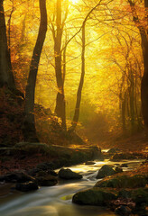 Wall Mural - autumn forest in sunlight with forest stream
