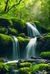 Waterfall cascades in a green forest