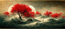 Raster Illustration Of The Moon Is Made In Chinese Style. The Red Moon Rose Above The Water And The Trees. 3D Illustration