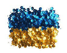 Ukrainian Flag Made Of Blue And Yellow Sequins Isolated On White, Top View