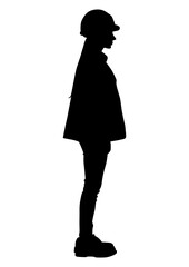 Wall Mural - The silhouette of a female worker wearing a helmet and a vest. Vector flat style illustration isolated on white. Full length view