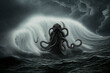 Kraken or an octopus monster in the middle of the dark ocean with black clouds above the sky adds to the scary impression.