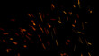 Overlay fire sparks bonfire embers. Burning red hot flying sparks fire rise in the dark night sky. Royalty high-quality stock fire embers particles over on black background