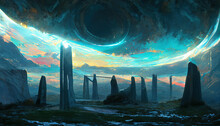Alien Tech Relic. Outer Space World. Fantasy Theme Sci-Fi Futurism Masterpiece Landscape View. VIvid Atmosphere Sky, With Glowing Cloud And Radiance Line.