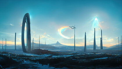 Wall Mural - alien tech relic. outer space world. fantasy theme sci-fi futurism masterpiece landscape view. vivid