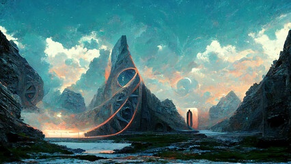 Wall Mural - alien tech relic. outer space world. fantasy theme sci-fi futurism masterpiece landscape view. vivid