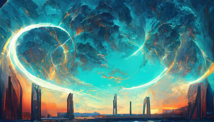 Wall Mural - alien tech relic. outer space world. fantasy theme sci-fi futurism masterpiece landscape view. vivid