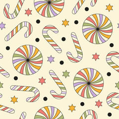 Poster - Retro groovy seamless pattern with christmas sweets on a beige background. Pastel colors. Trendy vector illustration in style 60s, 70s