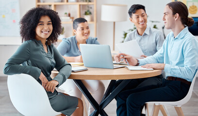 Poster - Meeting, leader and woman with team in an office, working on creative marketing and digital planning. Teamwork, innovation and diverse colleagues sharing strategy, vision and goal for online progect