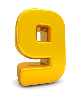 Gold Numbers 9 isolated on white background. Golden 3d numbers. 3d shiny Gold number collection. 3d rendering