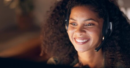 Aufkleber - Happy, call center and black woman working in customer support in office at night, friendly and helpful. Crm, telemarketing and consulting by woman agent offering online support and customer service