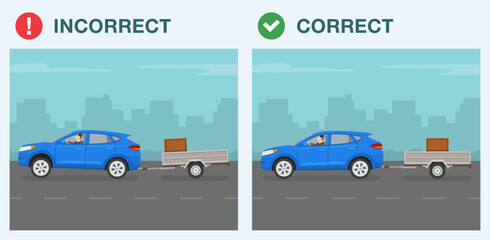 Safe driving tips. Suv car with load on a vehicle trailer. Correct and incorrect balanced cargo. Trailer loaded with wooden box. Flat vector illustration template.