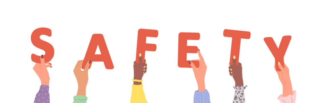 Group of different female hands holding red word Safety. Diverse multi-ethnic people are together. Vector hand drawn illustration in cartoon style. Partnership and solution cooperation.