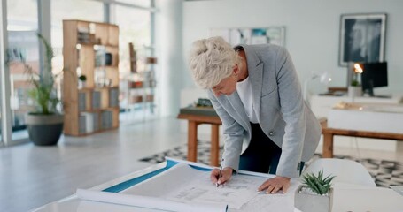 Poster - Design, architecture and review with woman in office and working on blueprint for engineering, construction planning and project management. Creative, designer and senior employee drawing idea