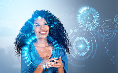 Poster - African woman using smartphone, artificial intelligence and metal world