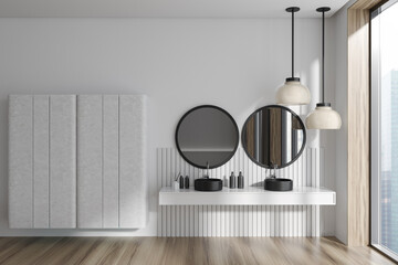 Stylish bathroom interior with double sink, shelf and panoramic window