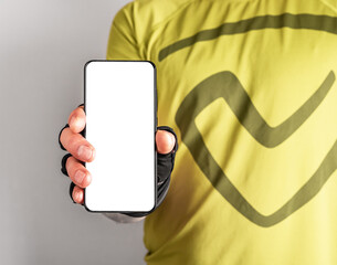 Poster - Sport application mockup, blank white mobile phone screen in athlete hand