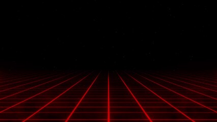 Wall Mural - Infinity perspective laser red grid with stars and fog. Retrowave, synthwave looped animation of perspective laser grid in outer space. Red neon. 80s aesthetics. 80s retro futurism. Seamless loop.