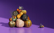 Composition of pumpkins on lilac background. 3d illustration, 3d render.